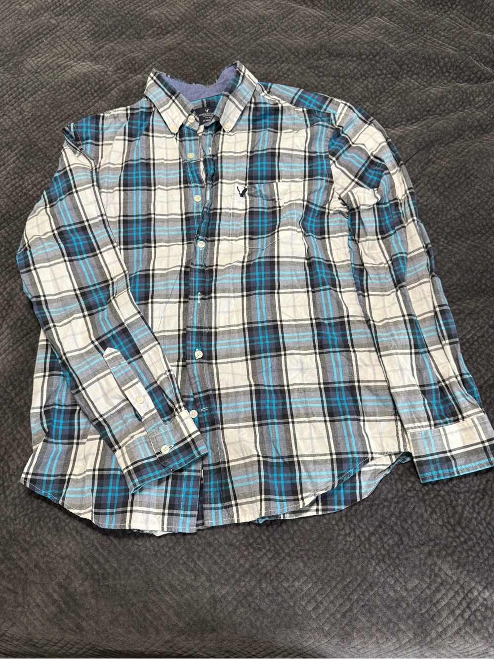 American Eagle Outfitters Blue, Black & White Plaid Button-Down Shirt